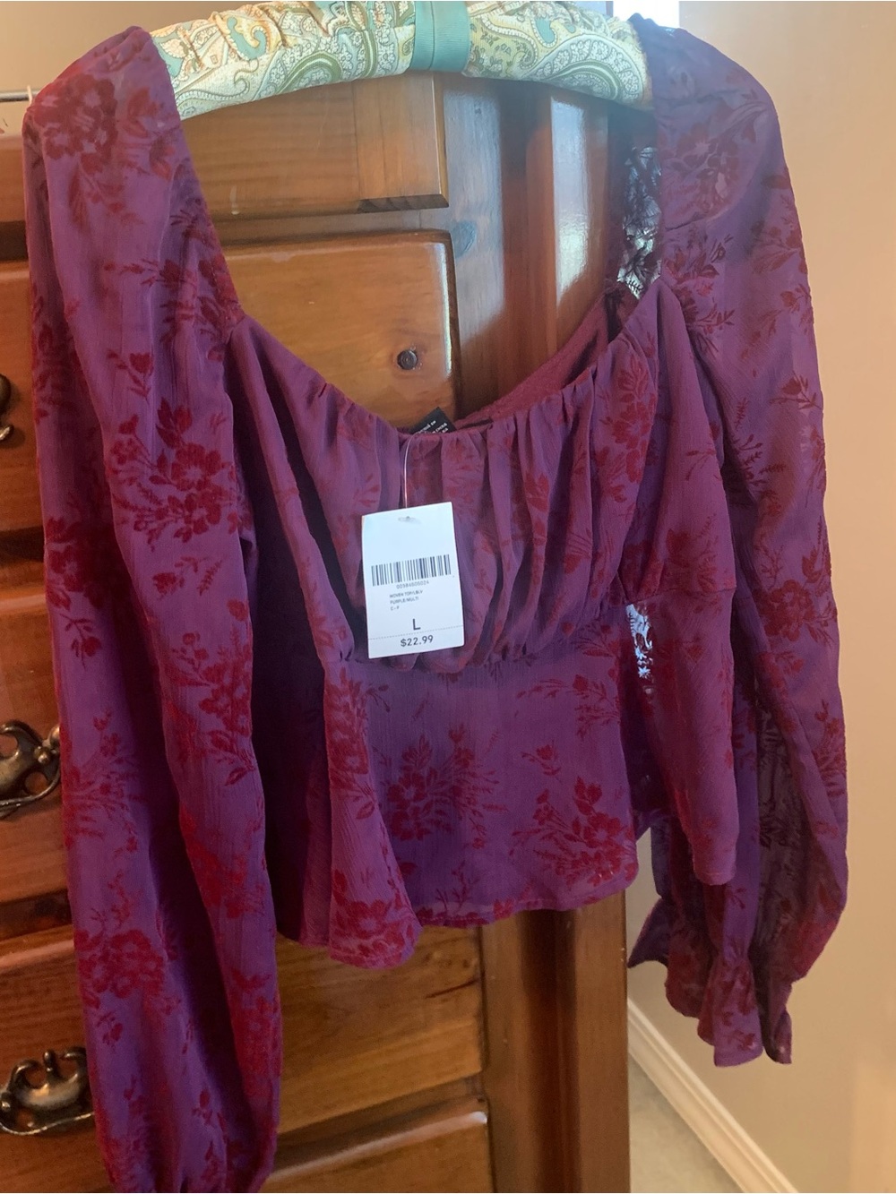 FOREVER 21 Purple Velvet Burnout Long-Sleeve Sheer Crop Top NWT